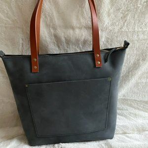Portland Leather Storm Color Zippered Tote with Tan Handles